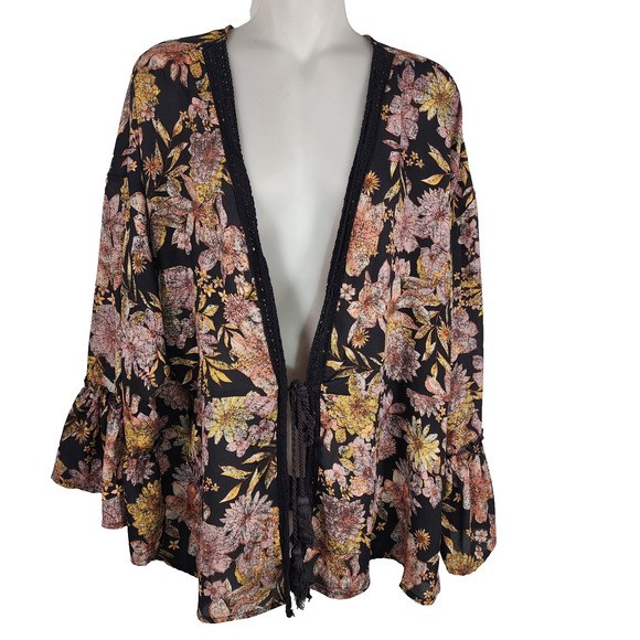 Maurices Womens Black Crochet Border Floral Print Kimono Size XL Tie Front Boho - Picture 1 of 13